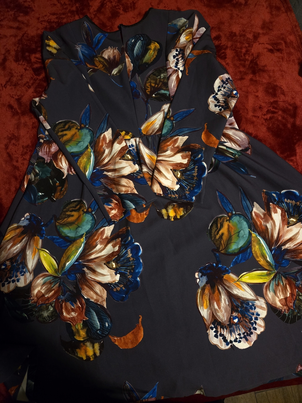 Long Sleeve Floral A-Line Dress in Navy